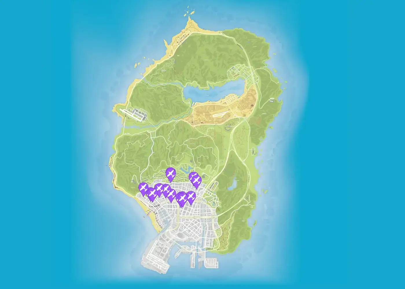 Map showing all Knife Flight locations across Los Santos.