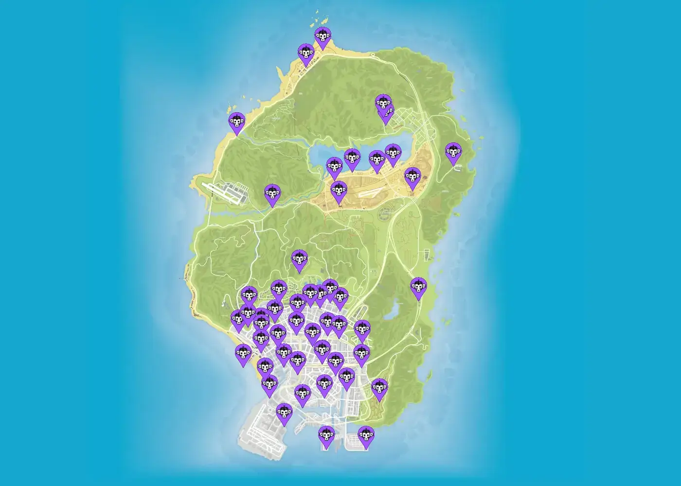 Map showing all Monkey Mosaic locations in GTA 5.