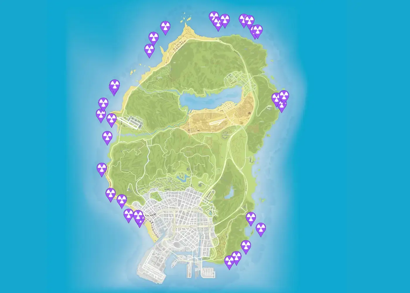 Map showing all Nuclear Waste locations across Los Santos.