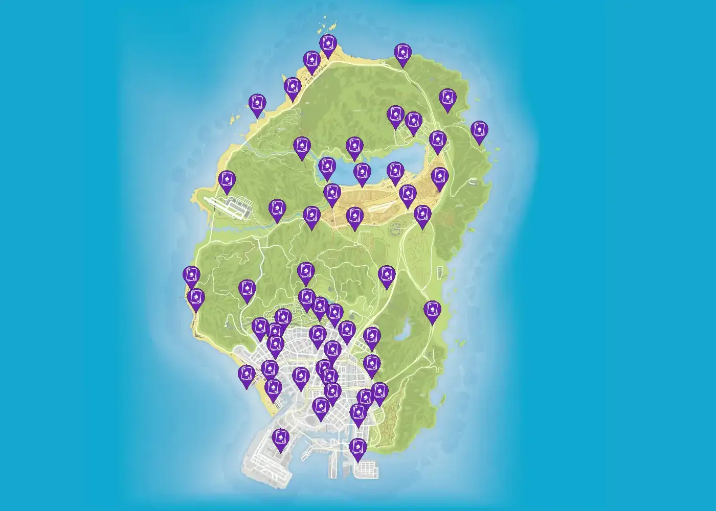 Map showing the locations of all Playing Cards in GTA 5.