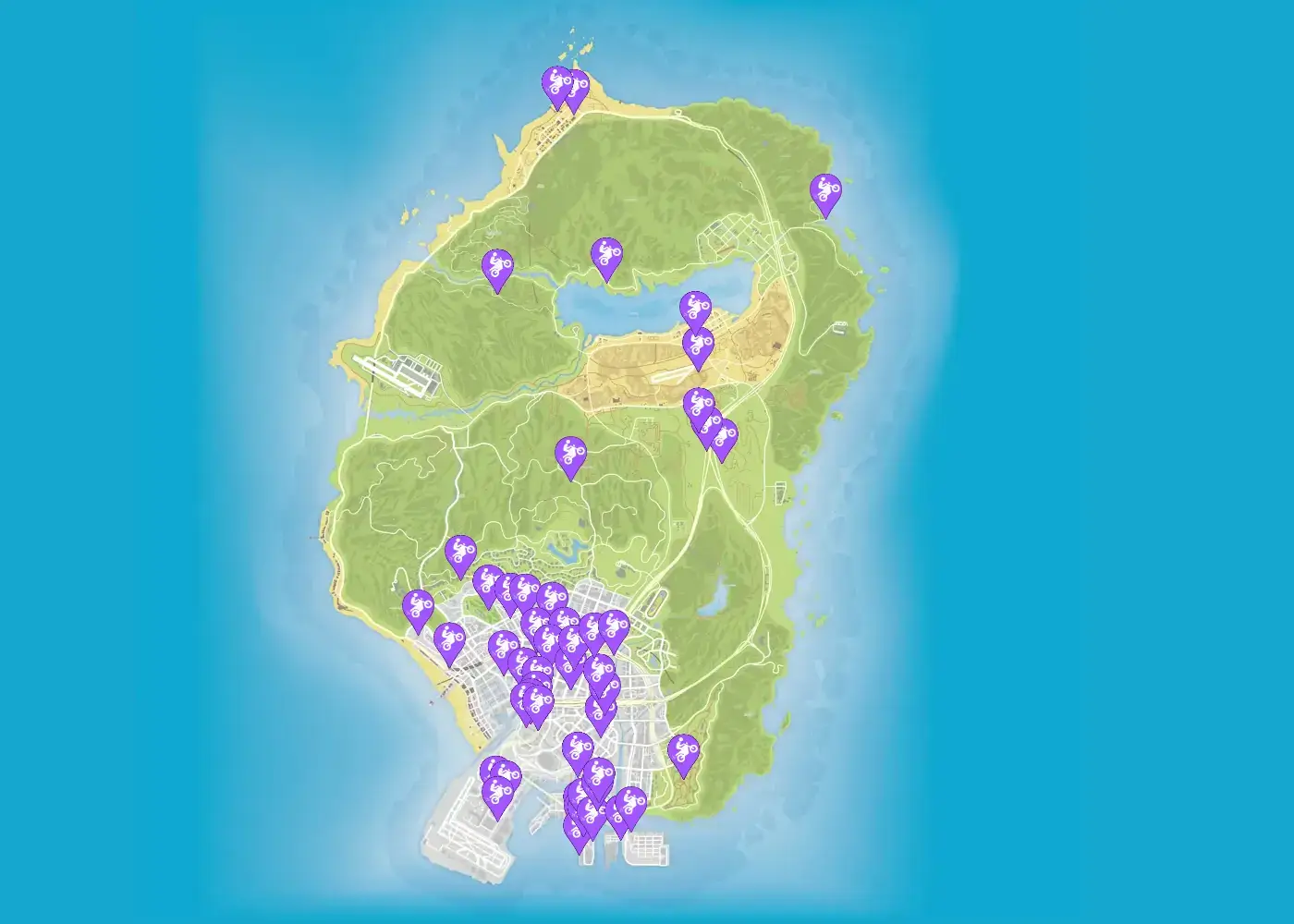 Map showing all Stunt Jump locations throughout Los Santos.