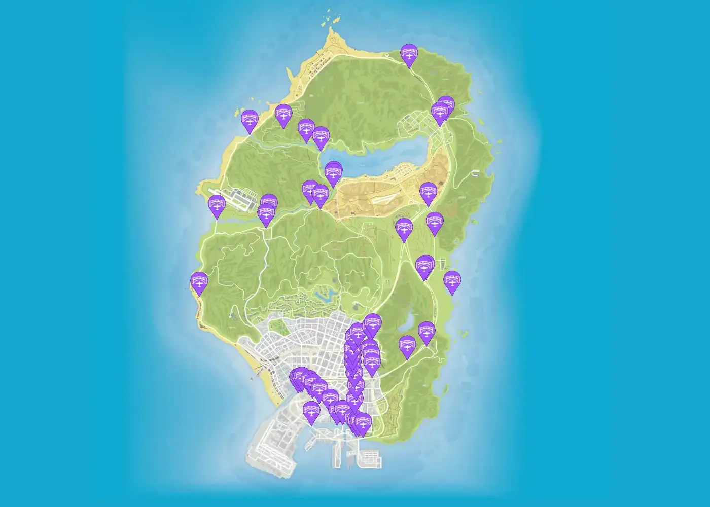 Map showing all Under the Bridge locations in GTA 5.