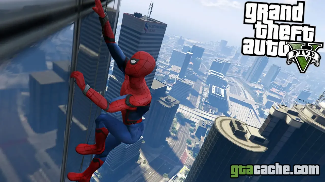 GTA 5 Spider-Man mod — web-slinging between Los Santos skyscrapers