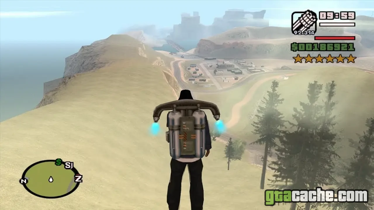 GTA San Andreas how to get the jetpack — CJ flying out of Area 69 with the Black Project prototype