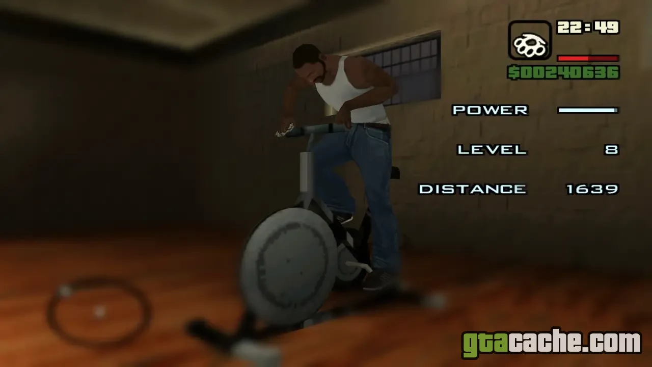 GTA San Andreas how to lose weight — CJ running and burning off fat on the gym treadmill