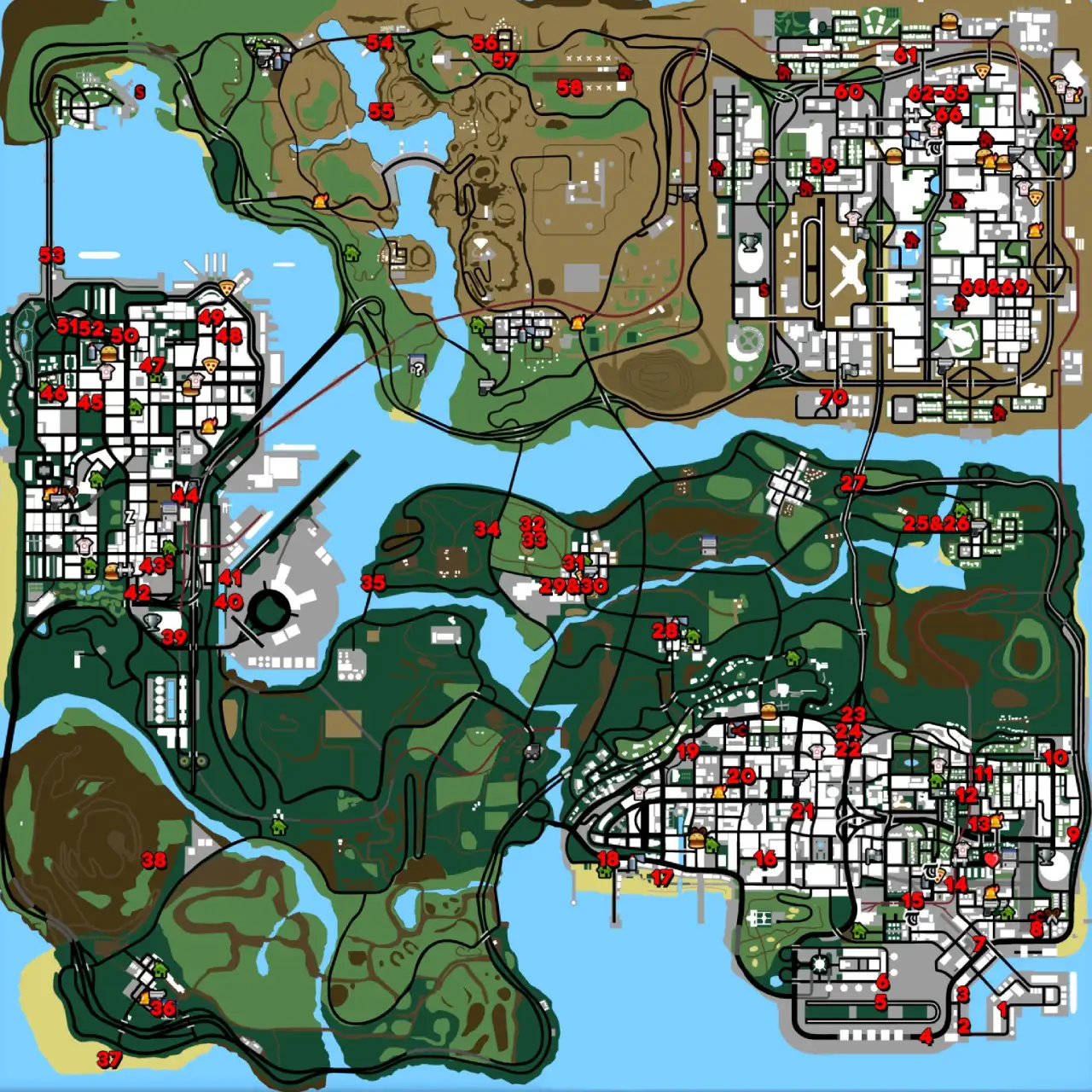 Map of all body armor pickup locations in GTA San Andreas