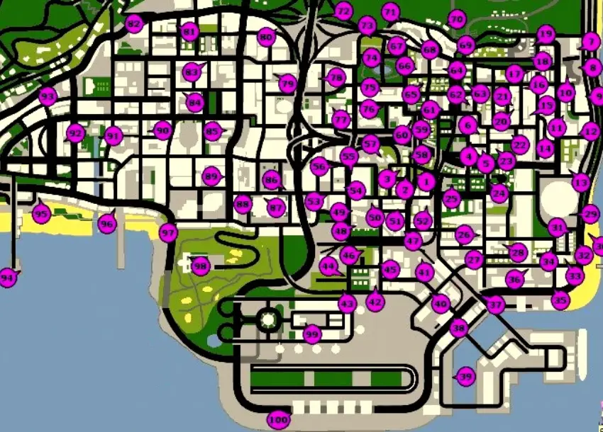 Map of all 100 gang tag locations in Los Santos