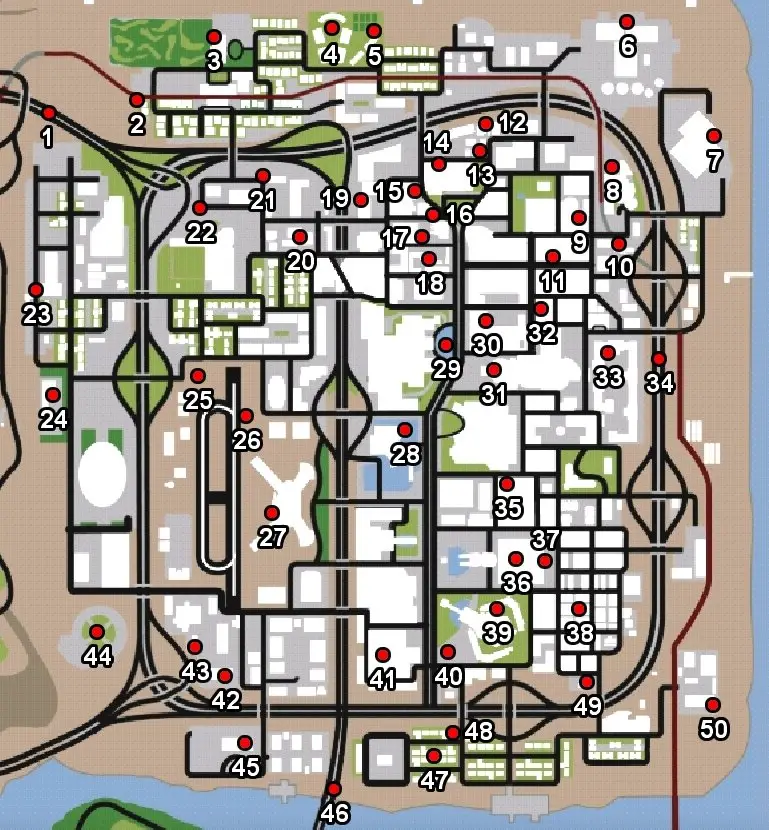Map of all 50 horseshoe locations in Las Venturas