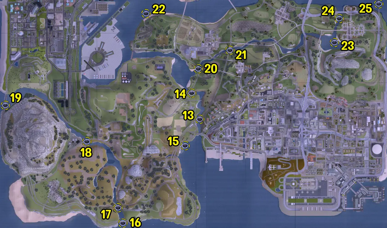 Map of all 50 oyster locations across the rivers and seas of GTA San Andreas
