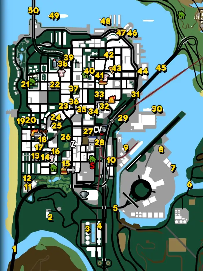 Map of all 50 snapshot locations in San Fierro
