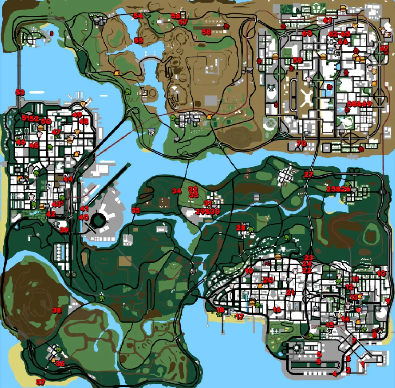Map of all 70 unique stunt jump locations in GTA San Andreas
