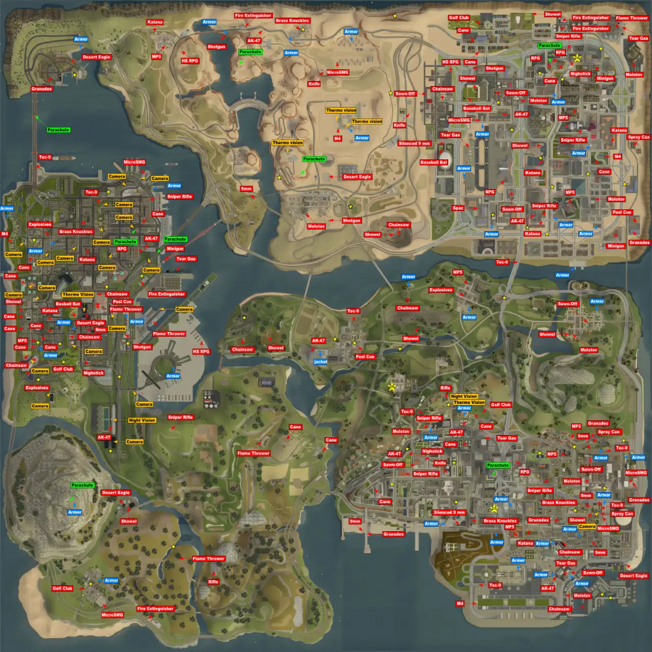 Map of all weapon pickup locations in GTA San Andreas