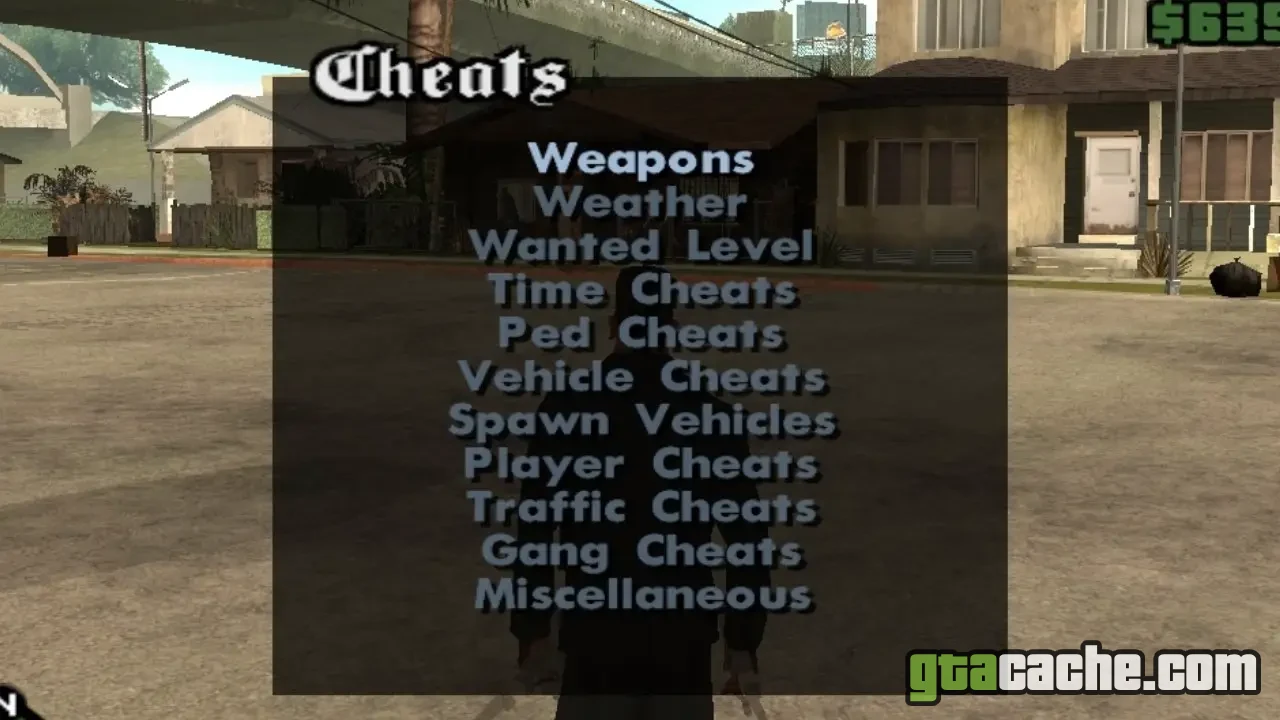 GTA San Andreas Mod Menu — in-game trainer menu open in San Andreas